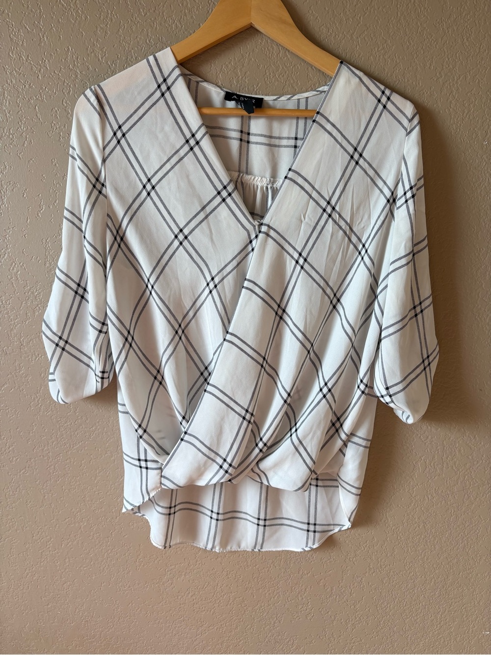 A Byer Women's Large White Black Plaid Sheer Blouse Criss Cross Office Career